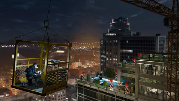 Watch Dogs 2. Маркус качается в подъемнике над ночным городом